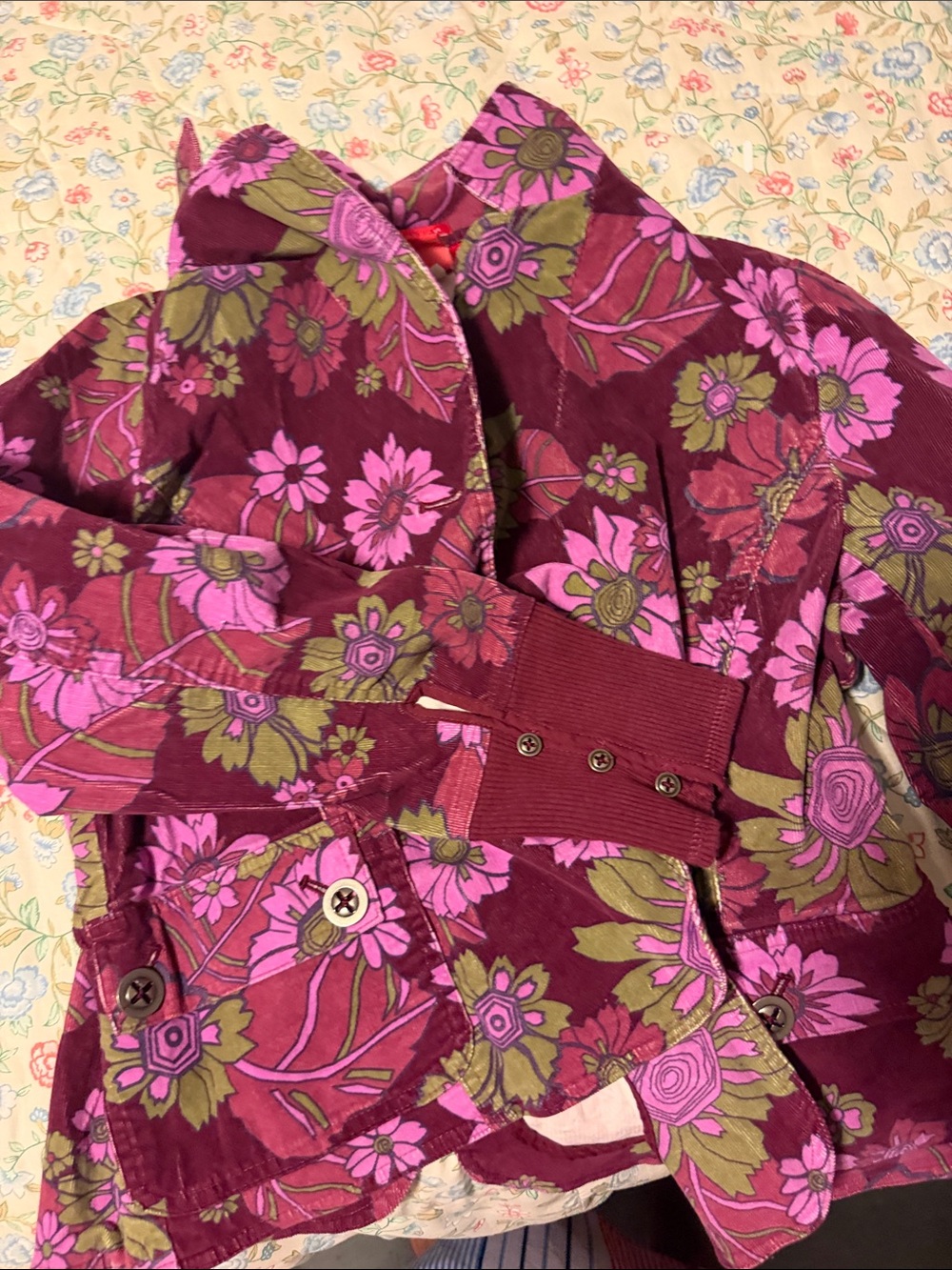 Vintage Plum Floral Jean Jacket with Pink and Olive Accents